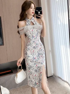 Women Fashion Print Chic Off Shoulder Sexy Slit Long Dress Summer Luxury Party Vestidos 224 Korean Vintage Elegant Festival Robe - Image 3