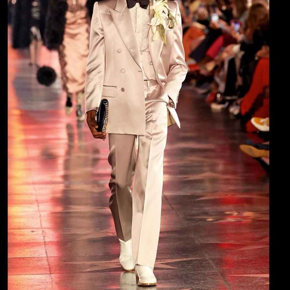 Costume D'homme Satin Pink Mens Pants Suits Set Wedding Tuxedos Custom Made Prom Party Formal Male Blazer (Jacket Pants)