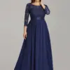 Plus Size Evening Dresses O-Neck Bridesmaid 2024 Ever Pretty with Navy Blue Long Lace Chiffon Sleeve Elegant Dresses for Women