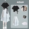 2023 Korean Style Bow Tassel Short Sleeve T-shirt Tops Ruffle Ruffle Skirt Two-piece Elegant Women's Skirt Suit Casual Outfits - Image 2