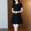 Ladies Summer Temperament All-match Patchwork Solid Color Slim Square Collar Corset Short Sleeve A-line Skirt Women Casual Dress - Image 3
