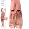 Women's Pink Jeans Baggy Harajuku Aesthetic Hollow Out Denim Trousers Y2k Wide Jean Pants Vintage 2000s Trashy Oversize Clothes