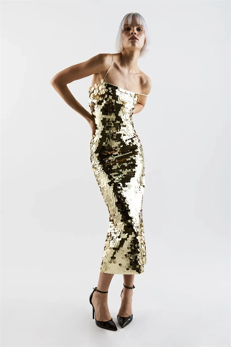 Sequins Golden Long Women Prom Dress Sexy Strap Sleeveless Luxury Evening Gown Flower Formal Elegant Pageant Party Dresses