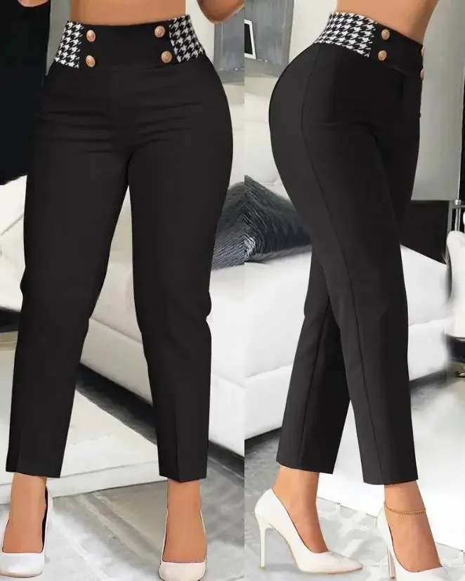 Elegant Women Pants 2023 Summer Fashion Houndstooth Print Button High Waist Skinny Work Pants Office Lady Trousers Basic Clothes