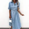 High Street Office Denim Dresses Chic Summer Short Sleeve Women Elastic Waist Long Dress Elegant 2024 Lapel Button Jeans Dress - Image 3