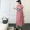 YZJNH 2024 Summer Long Dress Women's Korean Edition Loose Cartoon Print Wide Stripe Short sleeved T-shirt Dress Women's Large - Image 4