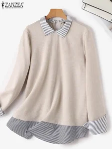 Korean Fashion Women Patchwork Striped Tops Autumn Sweatshirt ZANZEA Stylish Fake Two Pieces Pullover Elegant Work Shirt Hoodies - Image 5