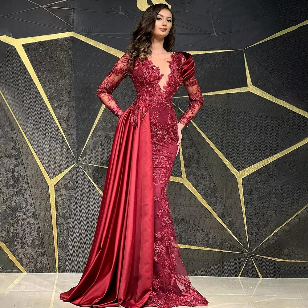 Dubai Luxury Muslim Burgundy Mermaid Evening Dresses 2024 Lace Applique Beaded Formal For Women Party Prom Gowns Customized