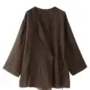 TRAFZA 2024 Spring Blouses For Women Fashion Linen Brown Loose Cardigan Kimono Female With Lace Up Vintage Women's Shirt Top