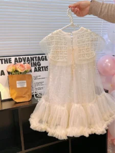 New 2023 Girls Prin cess Dress Casual Spring Summer Children's Wear Korean Pearl Neck Princess Dress Fashion Yarn Dress Dress - Image 2