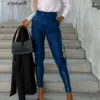Women's Pants PU Slim Fashion Waist Retraction Pencil Cargo New Solid Color Pocket Artificial Leather Trousers Streetwear
