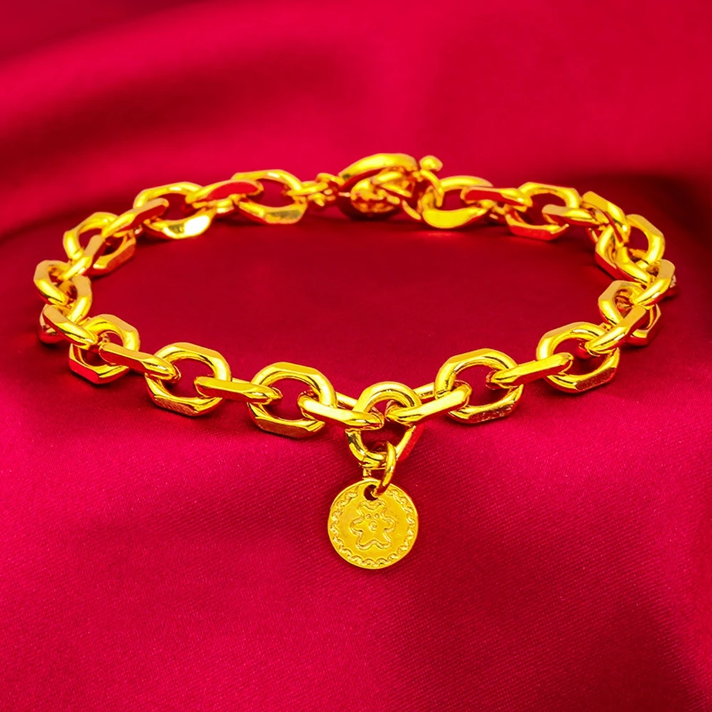 Luxury 24k O Link Bracelet for Women Pure Gold Color Circular Pendant Bracelet Matte Wedding Anniversary Fine Jewelry Gifts