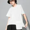 [EAM] Women White Irregular Pocket Casual Big Size T-shirt New Round Neck Half Sleeve Fashion Tide Spring Summer 2024