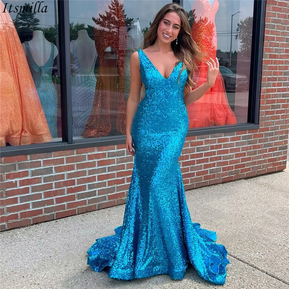 Itsmilla Blue Vestidos V-neck Sleeveless Elegant Evening Dresses for Women Luxury Sequined Zipper Backless Long Prom Party Gown
