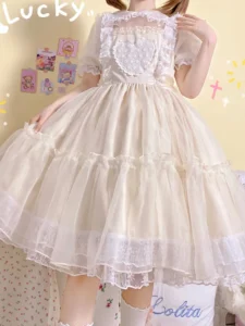 KIMOKOKM Spring Summer Girly Lolita Style Japanese Organza Dress Vintage Peter Pan Collar Kawaii Puff Sleeve Lace Princess Dress - Image 4