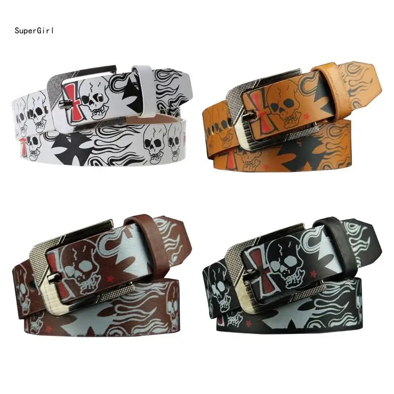 Men Belt for Jeans Skull Print Pin Buckle Belt for Women Punk-Style PU Leather Belt Pants Decors Clothing Accessories