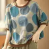 Johnature Women Vintage Linen T-Shirts And Tops Print Polka Dot O-Neck Short Sleeve Tees 2024 Summer New Casual T-shirts