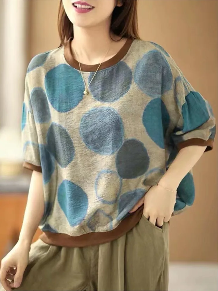 Johnature Women Vintage Linen T-Shirts And Tops Print Polka Dot O-Neck Short Sleeve Tees 2024 Summer New Casual T-shirts