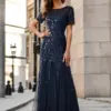 Elegant Evening Dress Sequin Print Fishtail Tulle Dresses for Party 2024 Ever Pretty of Navy Blue Sequin tulle Bridesmaid Dress