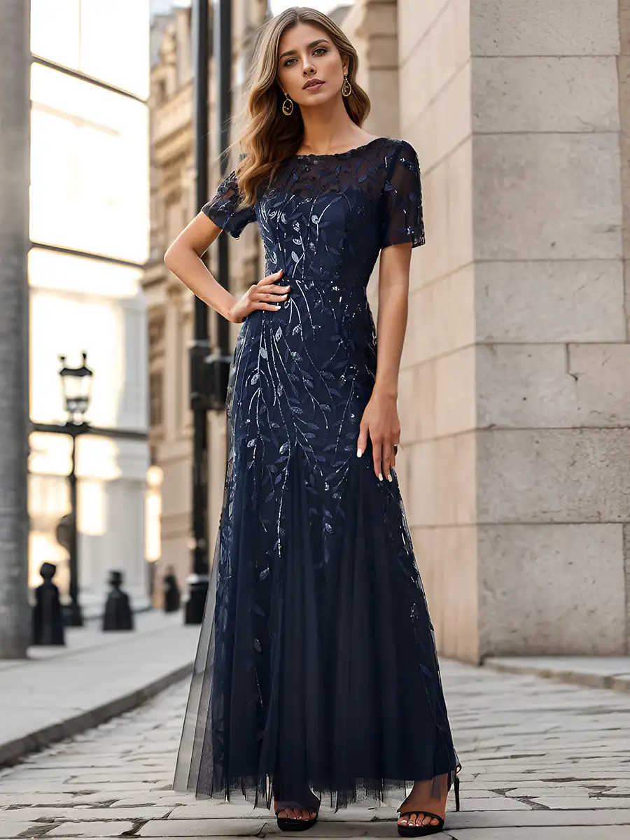 Elegant Evening Dress Sequin Print Fishtail Tulle Dresses for Party 2024 Ever Pretty of Navy Blue Sequin tulle Bridesmaid Dress
