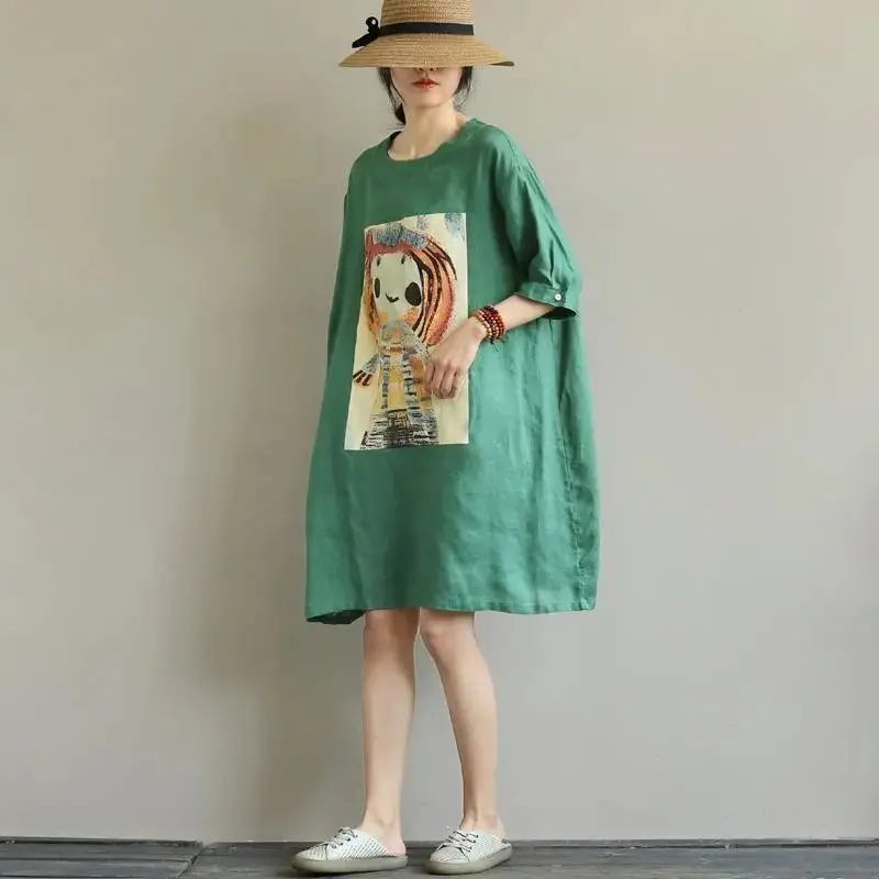 Women Clothing Vintage Printing Loose T Shirt Dress Summer New Short Sleeve O-neck Solid Color Youth Midi Dress Fashion Casual