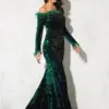 Sparkle Green Feathers Sequin Maxi Cocktail Dress Mermaid Off The Shoulder Long Sleeve Stretch Wedding Party Gown Dresses 2024