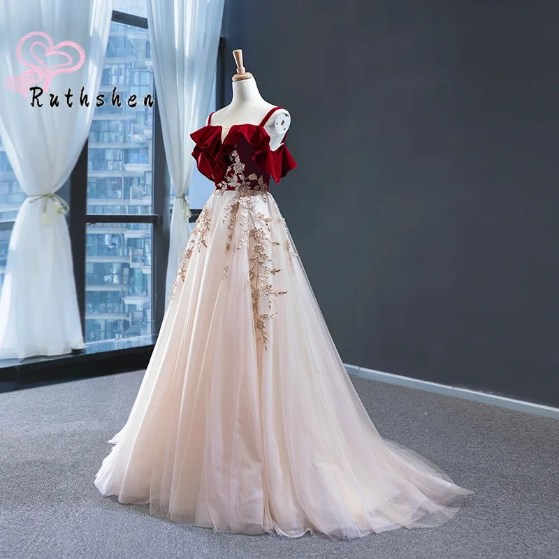 Evening Dresses Long Luxury 2023 Spaghetti Straps Burgundy Champagne Appliques Vestido De Gala Formal Women Party Wear