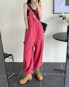 SM jeans womens 2022 Summer Preppy Style loose Girls Pink wide leg trousers jumpsuit korean casual denim overalls womens (78891 - Image 3