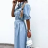 High Street Office Denim Dresses Chic Summer Short Sleeve Women Elastic Waist Long Dress Elegant 2024 Lapel Button Jeans Dress - Image 5