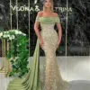 2024 Green Mermaid Evening Dresses Off the Shooulder Pleats Lace Tulle Beads Prom Gowns Long Formal Celebrity Dresses For Women