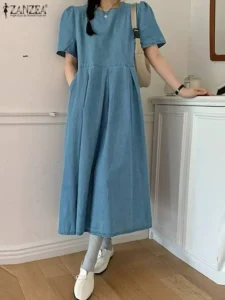 Casual Women Denim Dress ZANZEA 2023 Summer Short Sleeve Pleated Midi Dress Korean Style Short Sleeve Vestidos Round Neck Robes - Image 2