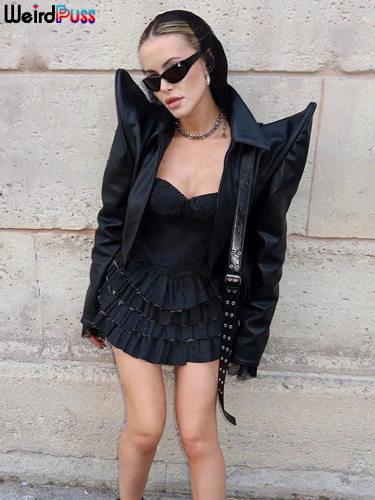 Weird Puss Bright Silk Women Short Jacket Turn-Down Collar Zipper Decoration Autumn Fashion High Street Y2K Wild Casual Coats