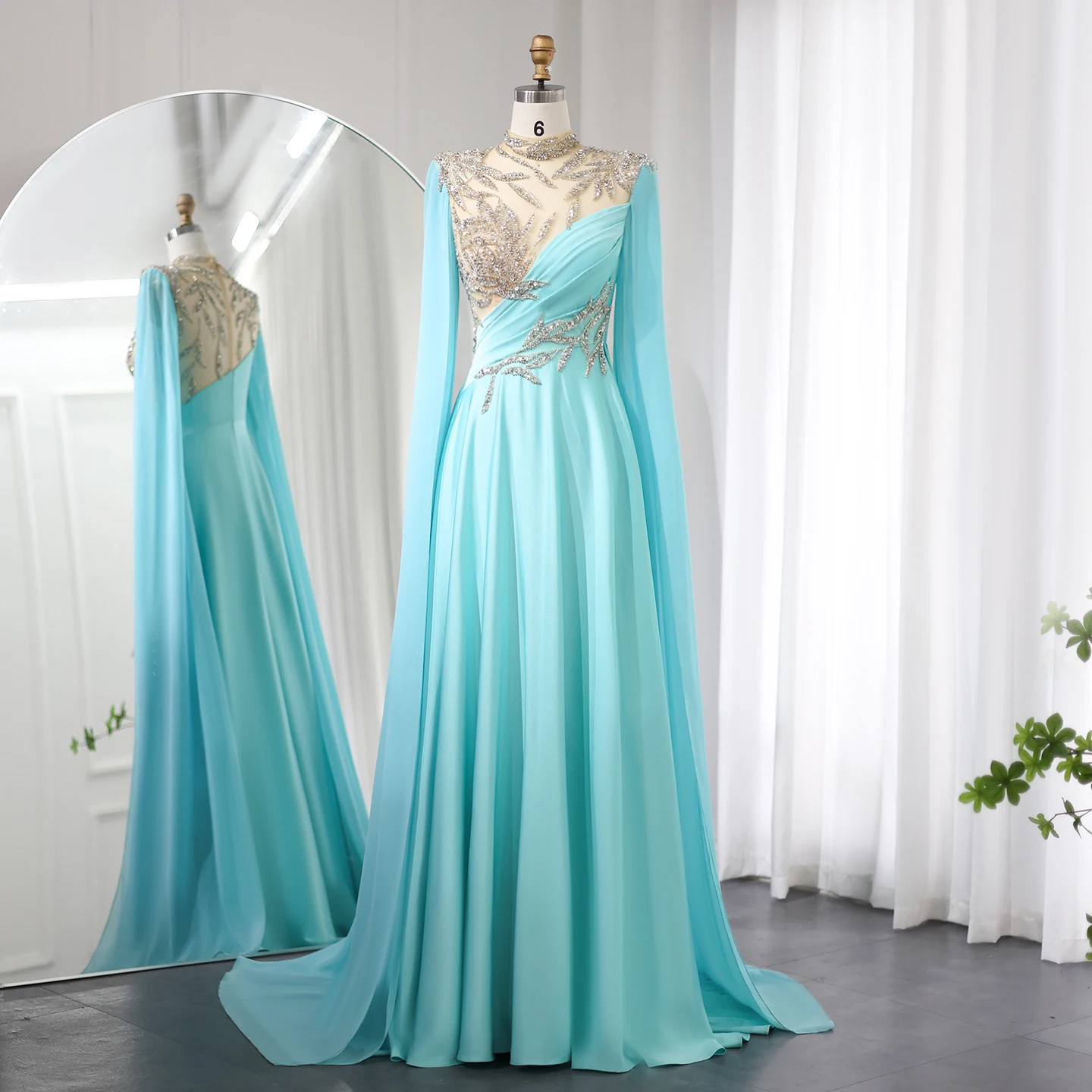 Sharon Said Luxury Crystal Turquoise Blue Evening Dress with Cap Sleeves 2024 High Neck Arabic Women Wedding Party Dress