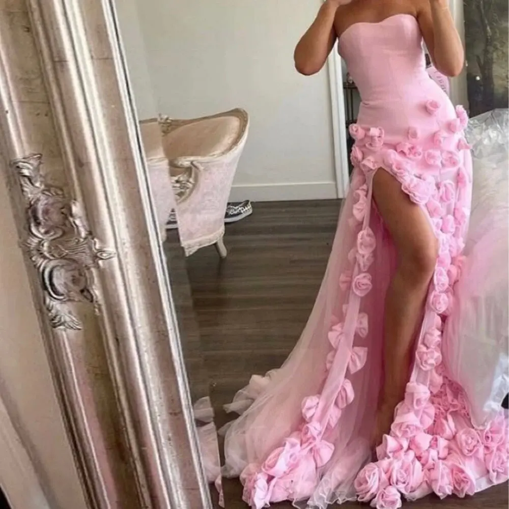 Dubai Elegant Pink Flowers Evening Dresses for Women 2023 Wedding Formal Occasion Long Side Slit Girls' Party Dress