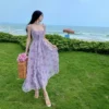 Women Rose Flower Backless Midi Party Dress 2023 Korean Fashional Light Purple Chiffon Casual Summer Elegant Vacation Dress - Image 2