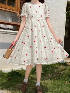 Preppy Style Strawberry Embroidery Fairy Girly Elegant Summer Long Dresses For Women Sweet Short Sleeve Dress Student Clothing - Image 6