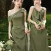 Green One Shoulder Bridesmaid Dresses for Women 2023 New High Waist Slim Floor Length Party Dress Female Elegant Banquet Gown