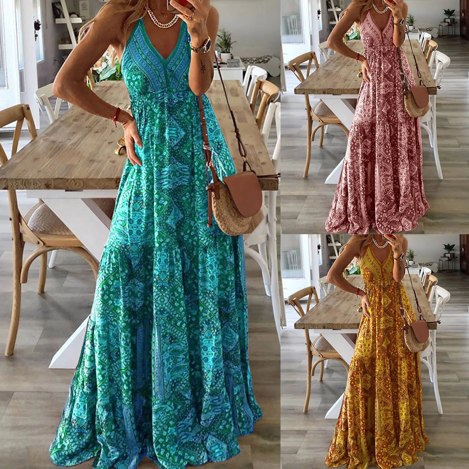 Summer Bohemian Boho Printed Long Dress Women Spaghetti Strap V Neck Ruffled Sundress Female Ruched Sleeveless Baggy Maxi Dress