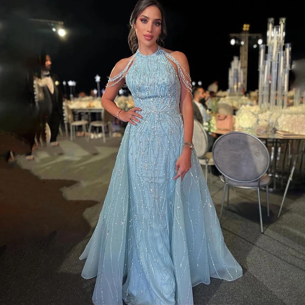 Serene Hill Blue Halter Sleeveless Mermaid Elegant Overskirt Beaded Evening Gown 2024 Formal Party Dresses For Women