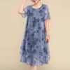 2023 O-Neck Short Sleeve Dresses Vintage Floral Printed Summer Gauze Spliced Women's Clothing Stylish Irregular Loose Midi Dress - Image 2