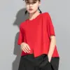 [EAM] Women Red Color-block Irregular Big Size T-shirt New Round Neck Short Sleeve Fashion Tide Spring Summer 2024