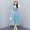 2022 Summer Beach Floral Dress Women Elegant O-Neck Chiffon Plus Size Midi Dress Pink Print Bodycon Party Dress Short Sleeve - Image 2