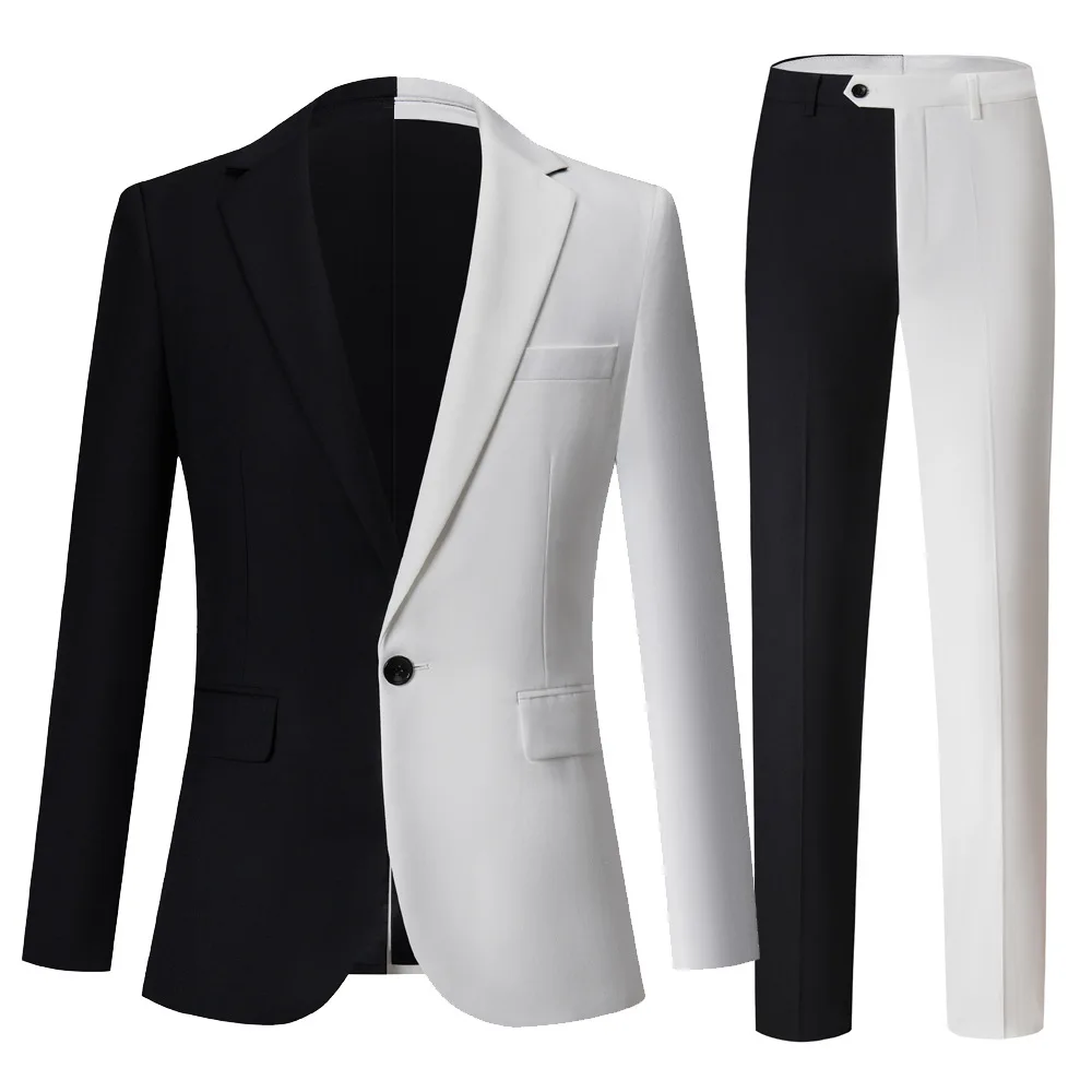 Fashion Elegant Men‘s Business Black &White Contrast Color Suit / Male Slim Stage Party 2 Pcs Blazers Jacket Pants Sets