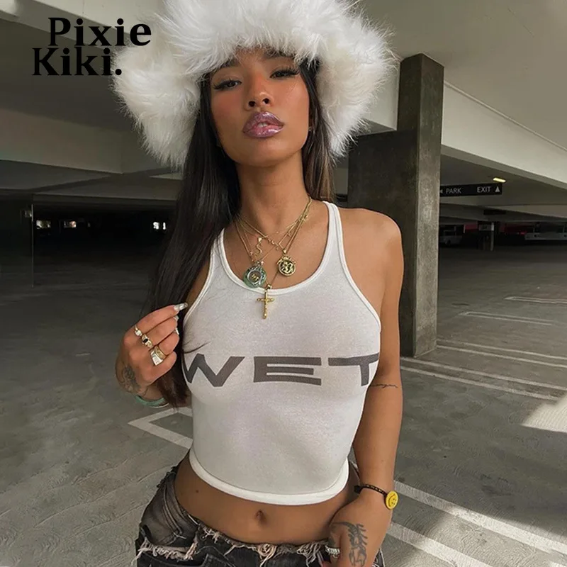 PixieKiki Wet Letter Print White Crop Top Shirt Y2k Streetwear Sexy Summer Clothes for Women Tank Tops 2024