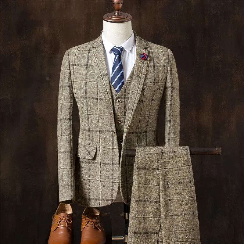 Men Business Formal Slim Fit Wedding Prom Suits Male Boutique Plaid Design Groom Blazers Jacket Pants Vest 3 Pieces Set