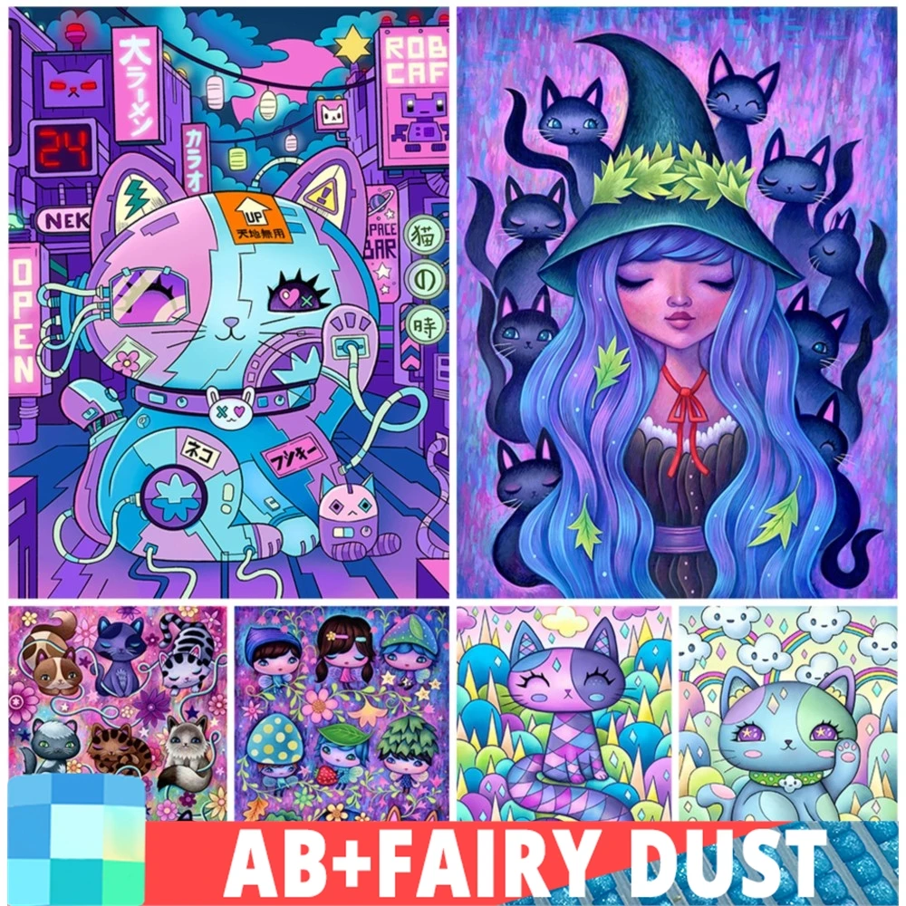AB Fairy Dust DIY 5D Diamond Painting Animal Cat Fantasy Cartoon Girl Embroidery Handmade Mosaic Set Cross Stitch Home Decor
