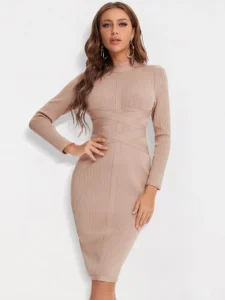 BEAUKEY Sexy Red Bandage Dress 2023 Nude Turtleneck Long Sleeves Office Bodycon Dress Cross Criss Women Midi Vestidos Maxi XL - Image 2