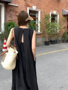 Summer Cotton Linen Sleeveless Dress Women Backless Hollow Out Fashion Ruffle Ladies Dresses Korean Style Loose Woman Long Dress - Image 4