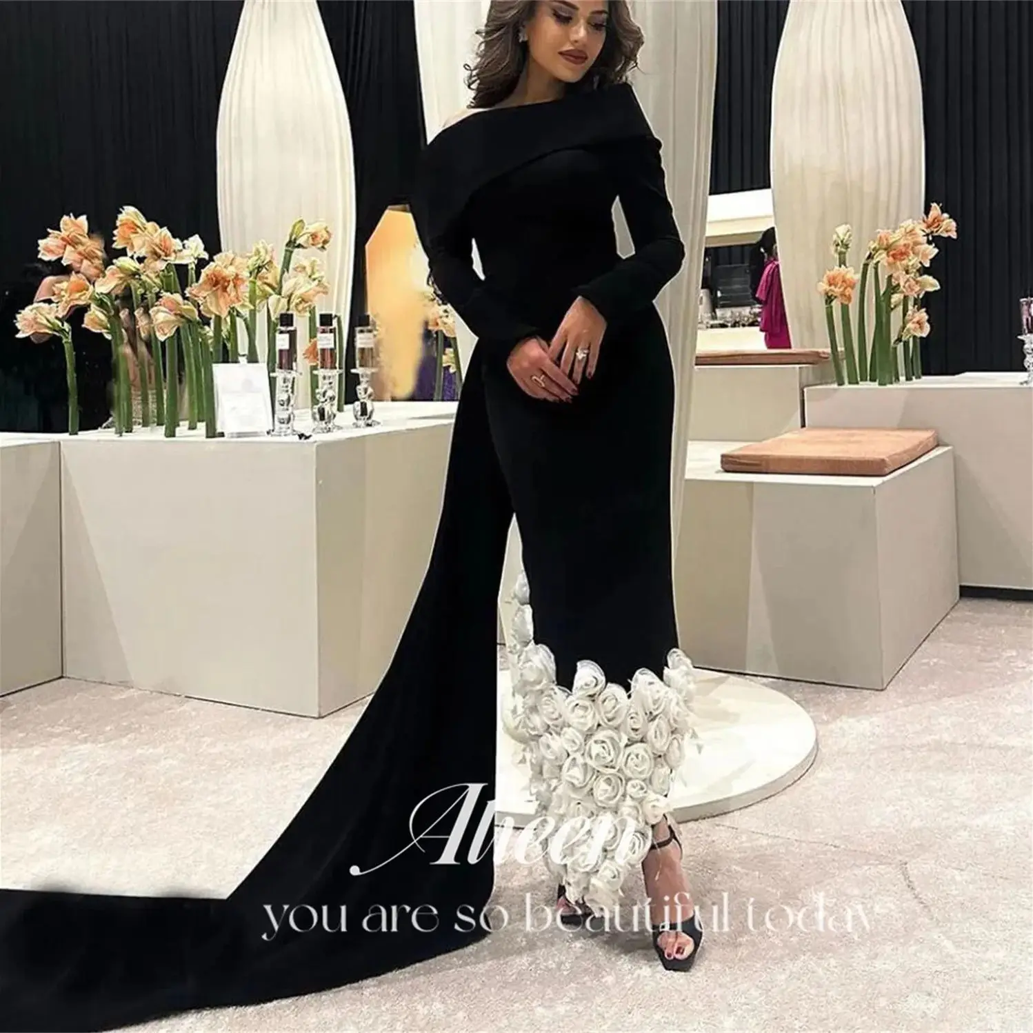 Aileen Black 3D Flowers Saudi Long Sleeve Elegant Luxury Evening Dresses Ladies Gown Party Women 2024 Dress Reception Weddings