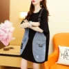 Fake Two Pieces Braces Denim Patchwork Pullovers Female Clothing Solid Color Summer Korean Loose Half Sleeve Midi T-shirt 2023 - Image 4